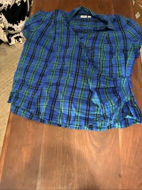 Cato Blue and Green Plaid Short-Sleeve Blouse